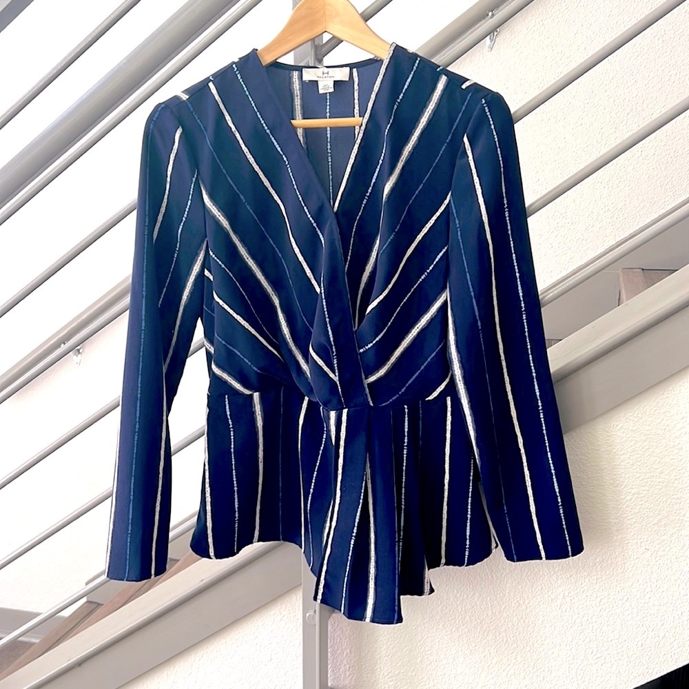 NWOT HALSTON Navy Stripped Long Sleeve Blouse, S